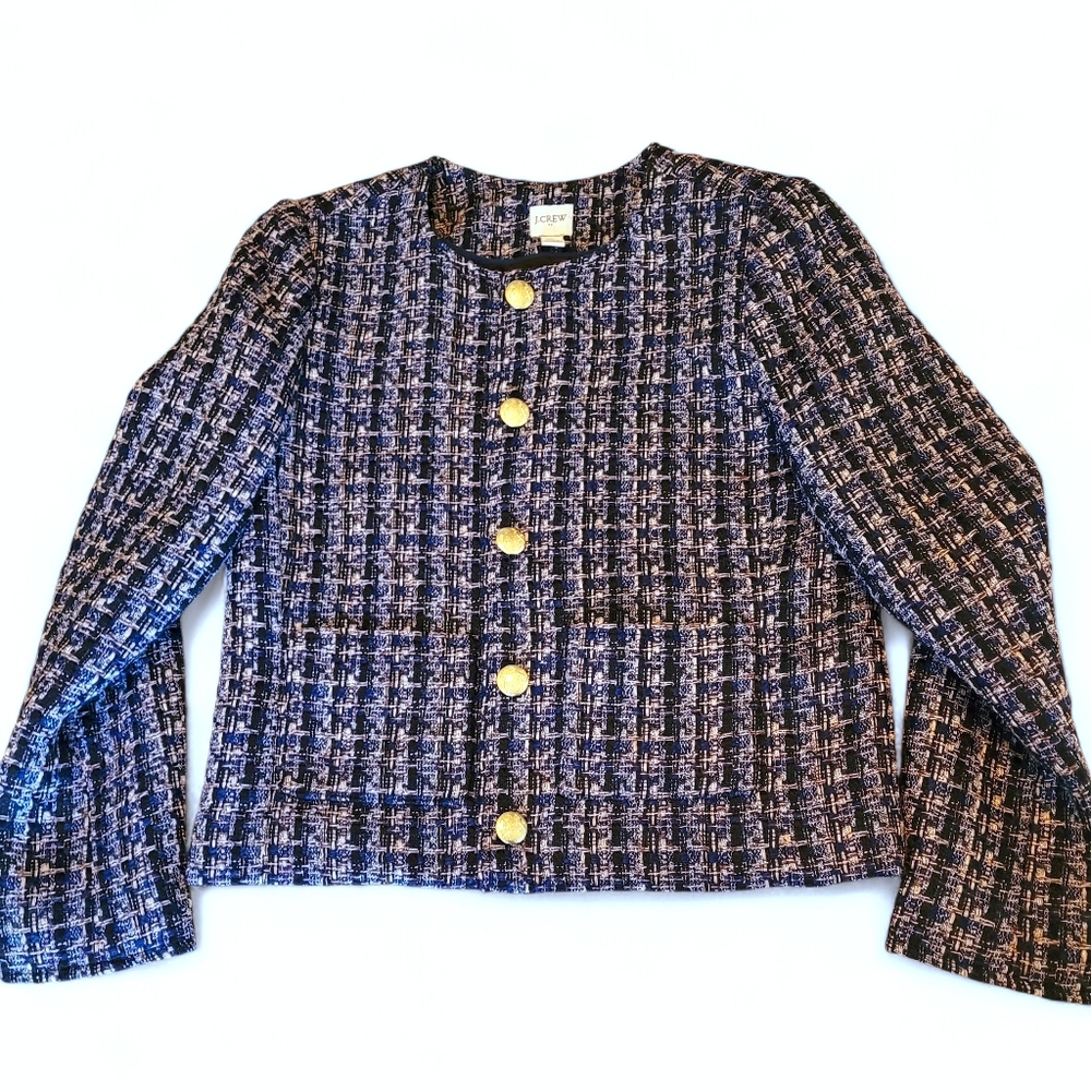 J.Crew Tweed Lady Jacket Blue Black Boucle Gold Buttons Blazer Womens Size 2